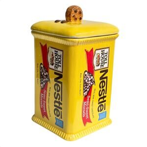 Nestle Toll House COOKIE JAR Canister & Lid Chocolate Chip Recipe Yellow 10"x5"